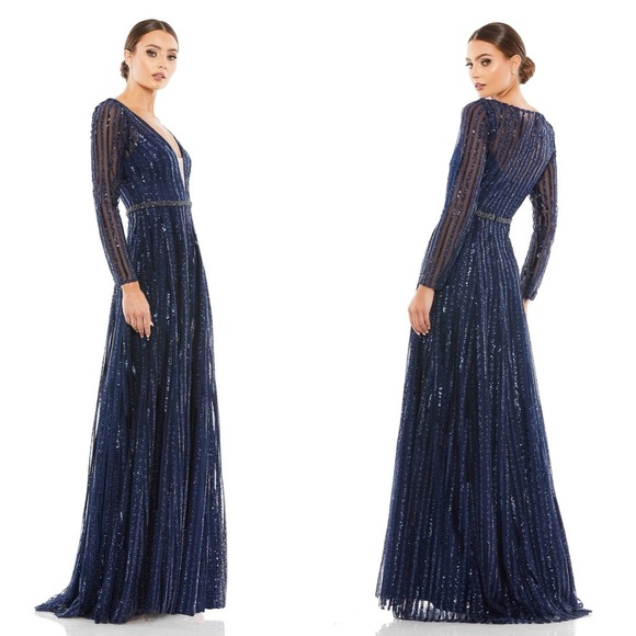 NWT Mac Duggal 11184 Plunging Striped Sequin Long Sleeve Gown in Midnight Size 2 - Picture 2 of 12